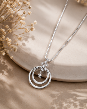 Celestia Moon & Star 925 Sterling Silver Pendant Necklace for Women | CZ Diamond Necklace