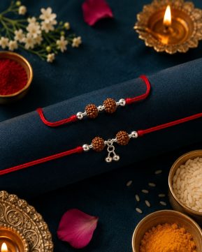 Silver Rudraksha Couple Rakhi Set with Hanging Charm | Premium Bhai-Bhabhi Rakhi