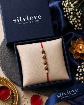 Silvieve Silver Panch Rudraksha Rakhi | Premium Red Thread Raksha Bandhan Rakhi for Brother